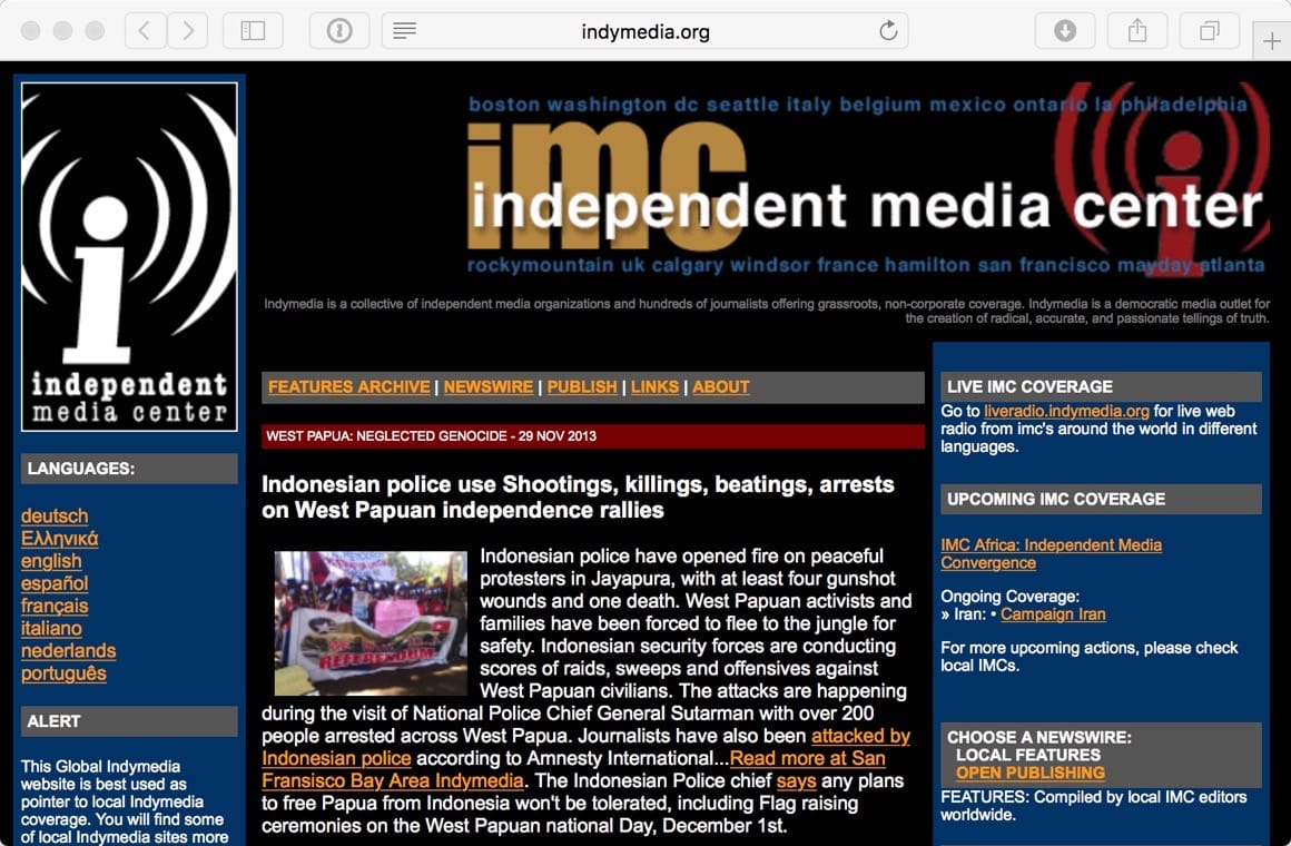 A screenshot of an Indymedia website