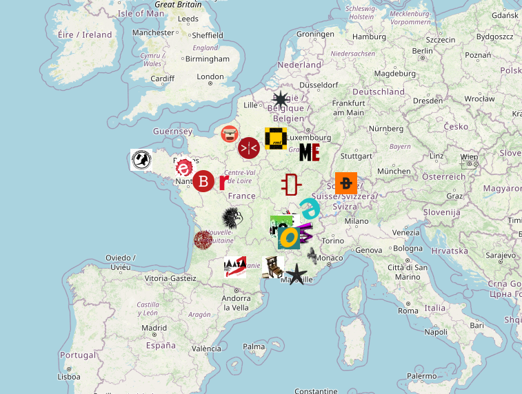 A OpenStreetMap snapshot of Europe with Mutu Network sites across the map, each with their own symbols or logos.