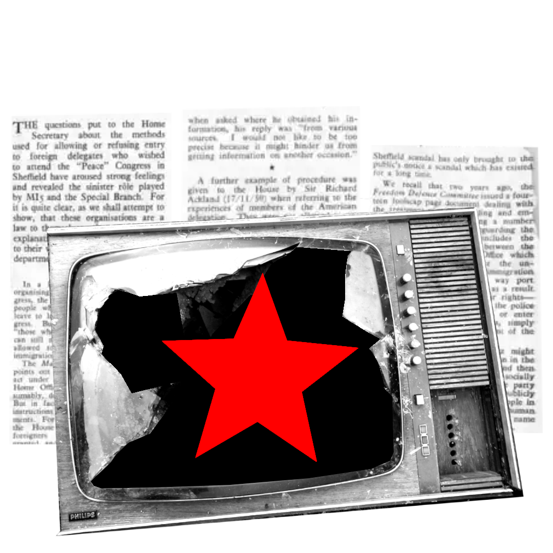 A backdrop of old newsprint behind a broken TV with a red star.