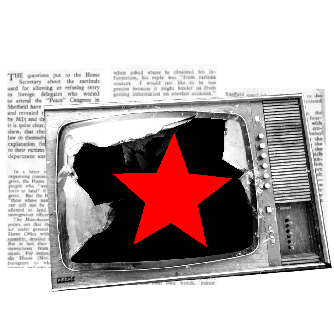 An old broken TV set with a red star in it, on a backdrop of newsprint.