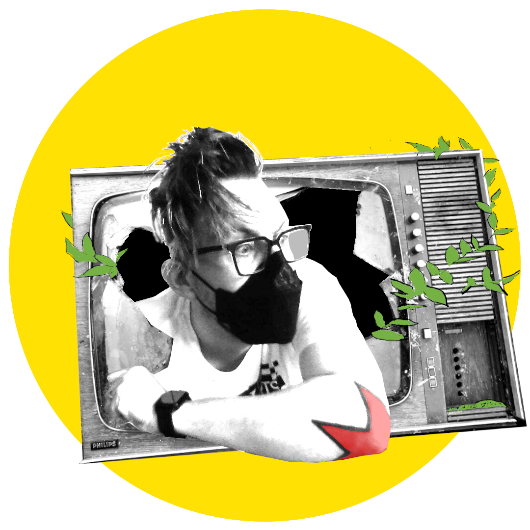 A yellow circle behind an old TV with plants growing around it, breaking through it a person with dark hair, glasses, facemask and red star elbow tattoo.